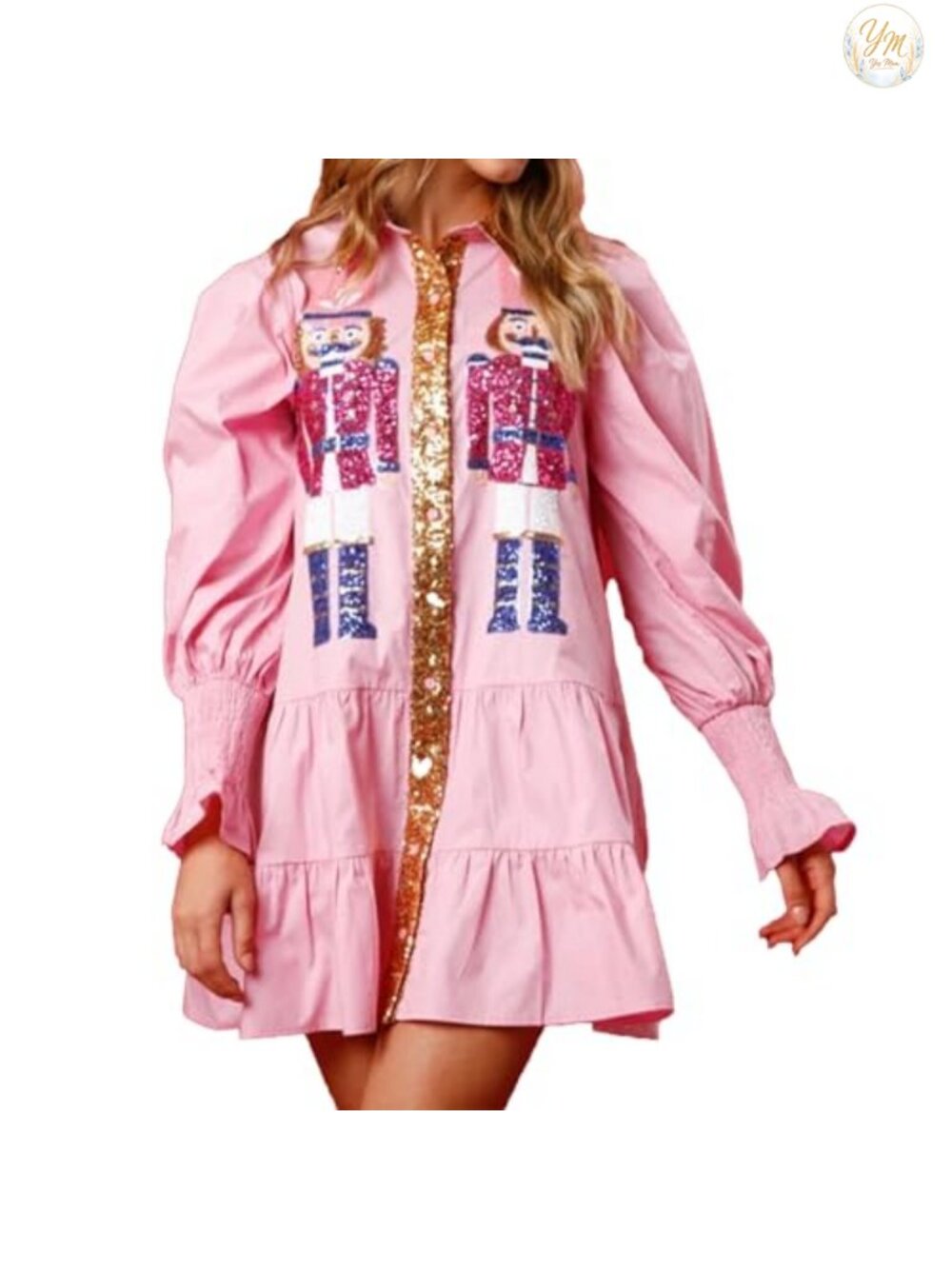 Nutcracker Sequin Puff Sleeve Mini Dress Button Down Christmas Party